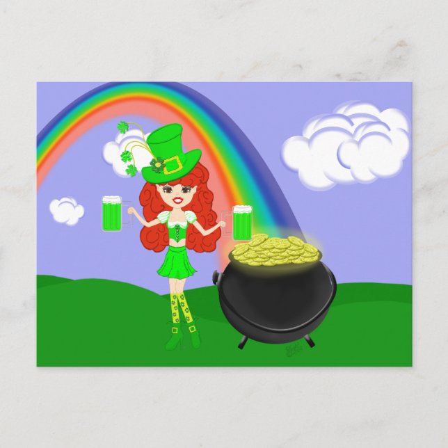 Cartão Postal Rua Pat's Day Redhead Girl Leprechaun com Rainbow (Frente)