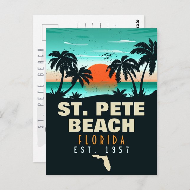 Cartão Postal Rua. Pete Beach, Retro Sunset Palm Tree 60s (Frente/Verso)
