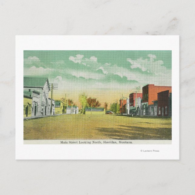 Cartão Postal Rua principal olhando para o norte, Sheridan, MT (Frente)
