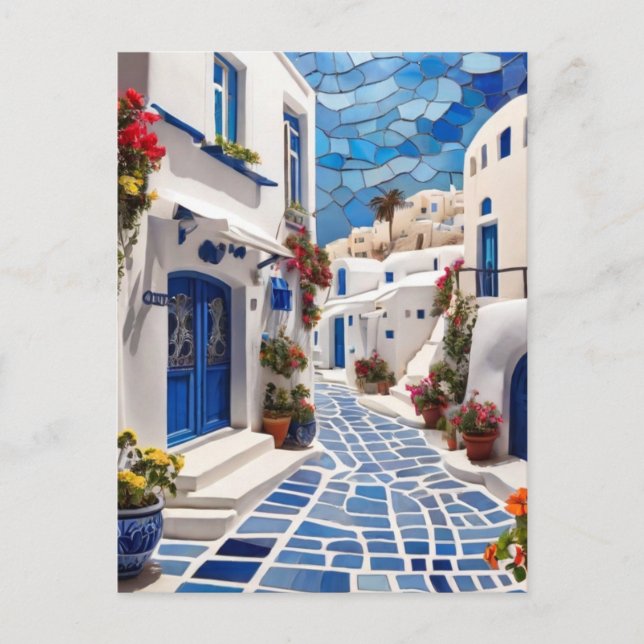 Cartão Postal Rua Santorini, Grécia, Arte Mosaica da Vila Grega (Frente)