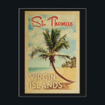 Cartão Postal Rua Thomas Palm Tree Viagens vintage<br><div class="desc">Uma Rua moderna do século médio exclusiva,  Thomas Virgin Islands,  impressão de arte no estilo viagens vintage. Ele apresenta uma palmeira curva na praia arenosa com oceano sob um céu azul nublado.</div>