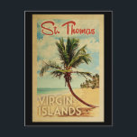 Cartão Postal Rua Thomas Palm Tree Viagens vintage<br><div class="desc">Uma Rua moderna do século médio exclusiva,  Thomas Virgin Islands,  impressão de arte no estilo viagens vintage. Ele apresenta uma palmeira curva na praia arenosa com oceano sob um céu azul nublado.</div>