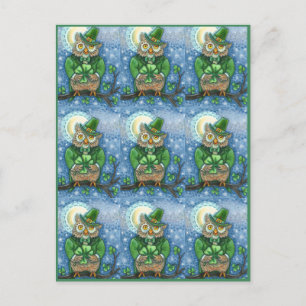 CARTÃO POSTAL RUAS. PATRICK DAY OWL, 4 LEAF CLOVER LEPRECHAUN