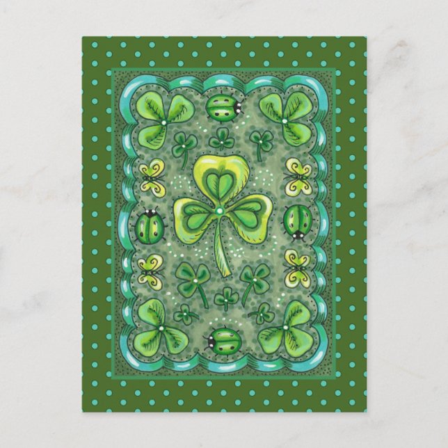 CARTÃO POSTAL RUAS. PATRICK'S DAY FOLK ART SHAMROCKS N' LADYBUGS (Frente)