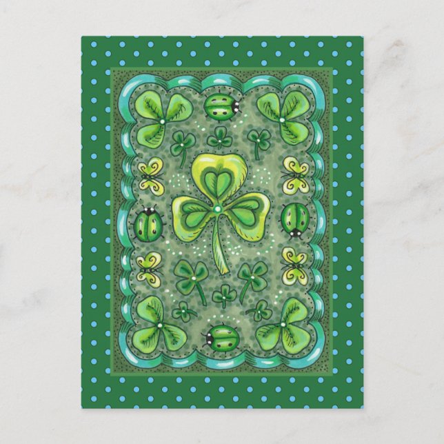 CARTÃO POSTAL RUAS. PATRICK'S DAY FOLK ART SHAMROCKS N' LADYBUGS (Frente)