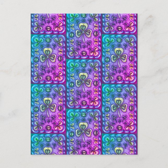 CARTÃO POSTAL RUAS. PATRICK'S DAY FOLK ART SHAMROCKS N' LADYBUGS (Frente)