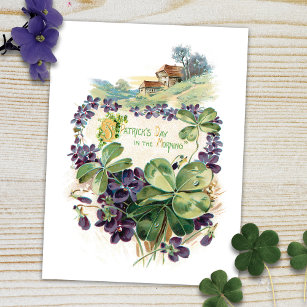 Cartão Postal Ruas Vintage, Shamrocks e Violetas do Dia de Patri