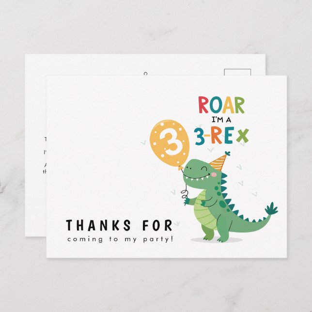 Cartão Postal Rugido Sou um 3-Rex Crianças Terceiro Aniversário  (Frente/Verso)