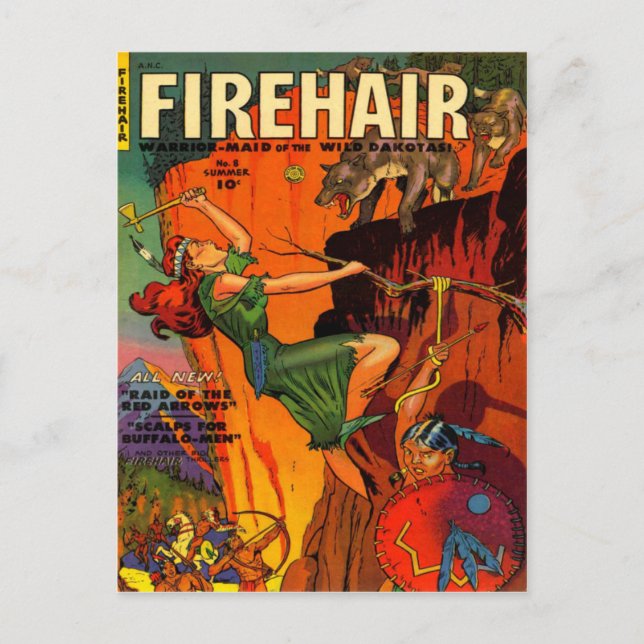 Cartão Postal Ruiva Guerreira Maid Lutando Lobos (Frente)