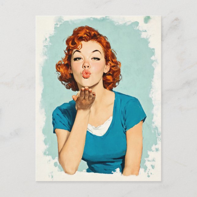 Cartão Postal Ruiva Retro Enviando Beijo Doce (Frente)