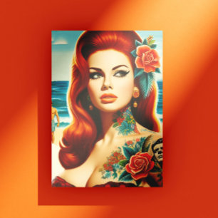 Cartão Postal Ruiva Tatuada Pin-up