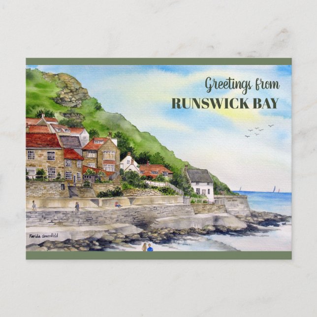 Cartão Postal Runswick Bay Yorkshire England Watercolor Painting (Frente)