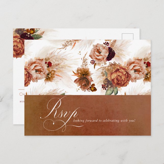 Cartão Postal Rust Terracotta Floral Pampas Grass Weding RSVP (Frente/Verso)