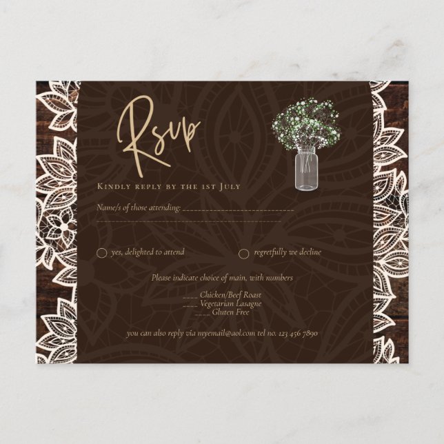 Cartão Postal Rustic Backyard Woodland Casamento Wood Lace RSVP (Frente)