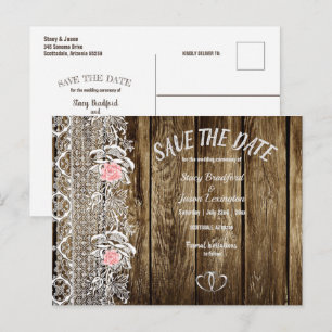Cartão Postal Rustic Barn Wood & Lace Salvar O Anúncio De Data