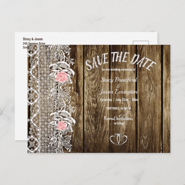 Cartão Postal Rustic barnwood & Lace Salvem A Data Casamento (Frente/Verso)