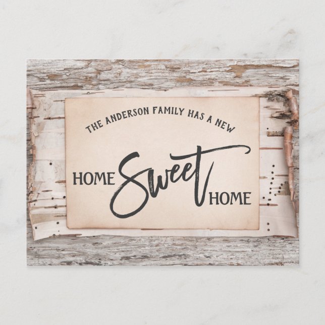 Cartão Postal Rustic Birch Home Sweet Home Moving Announce (Frente)