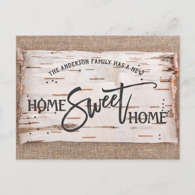 Cartão Postal Rustic Birch Home Sweet Home Moving Announce (Frente)