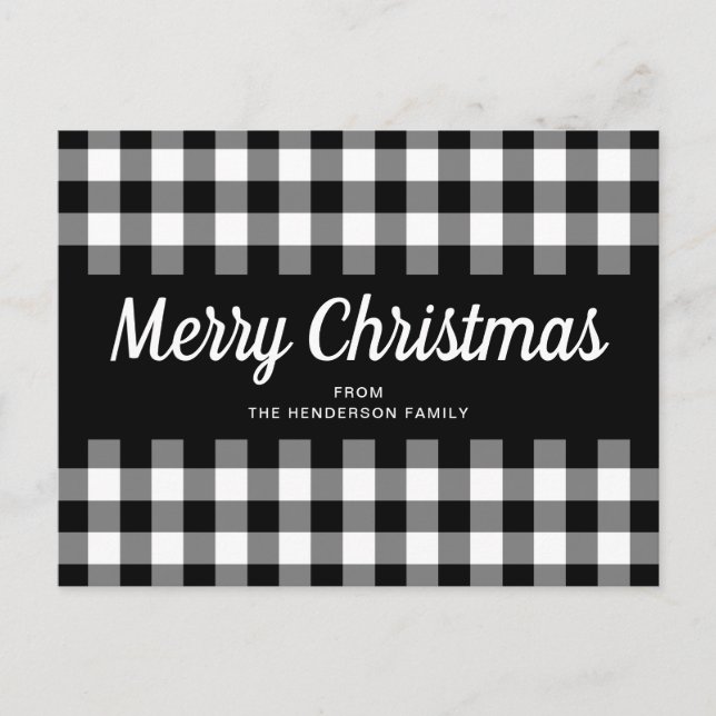Cartão Postal Rustic Black White Gingham Chega Feliz Natal (Frente)