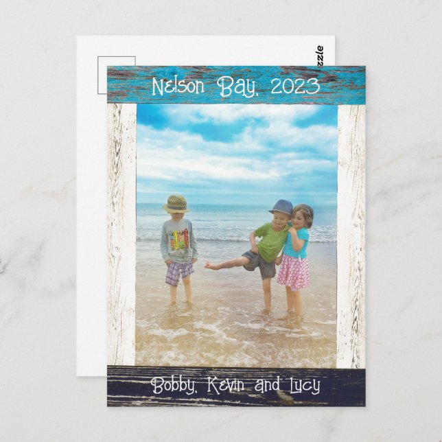 Cartão Postal Rustic Blue White Beach Wood Photo Frame (Frente/Verso)