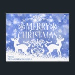 Cartão Postal Rustic Blue White Christmas Reindee Snow Winter<br><div class="desc">Feliz Natal moderno,  de cor azul e branca; Luzes cintilantes com flocos de neve,  neve na cena da maravilha do inverno com renas.   Personalize adicionando sua mensagem de feriado no verso.  Envie estes cartões postais à família e amigos com desejos de férias.</div>