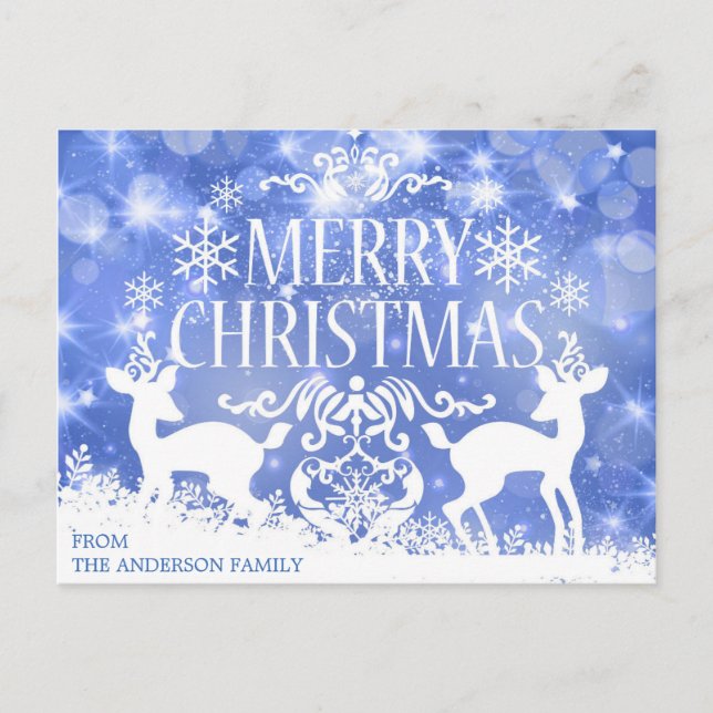 Cartão Postal Rustic Blue White Christmas Reindee Snow Winter (Frente)