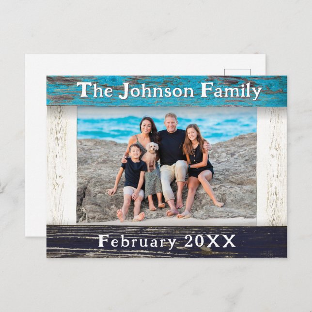 Cartão Postal Rustic Blue Wood Frame Family Name Photo (Frente/Verso)
