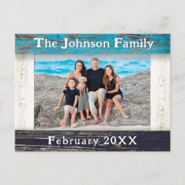 Cartão Postal Rustic Blue Wood Frame Family Name Photo
