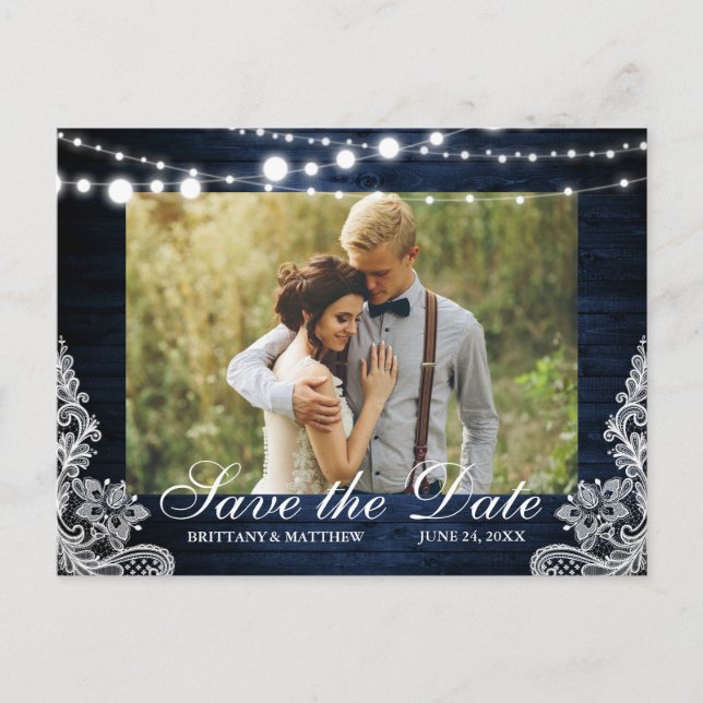 Cartão Postal Rustic Blue Wood Lights Lace Foto para salvar a da (Frente)