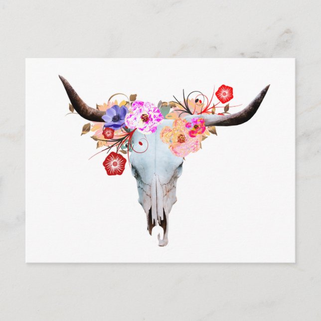 Cartão Postal Rustic Boho Floral Longhorn Skull (Frente)
