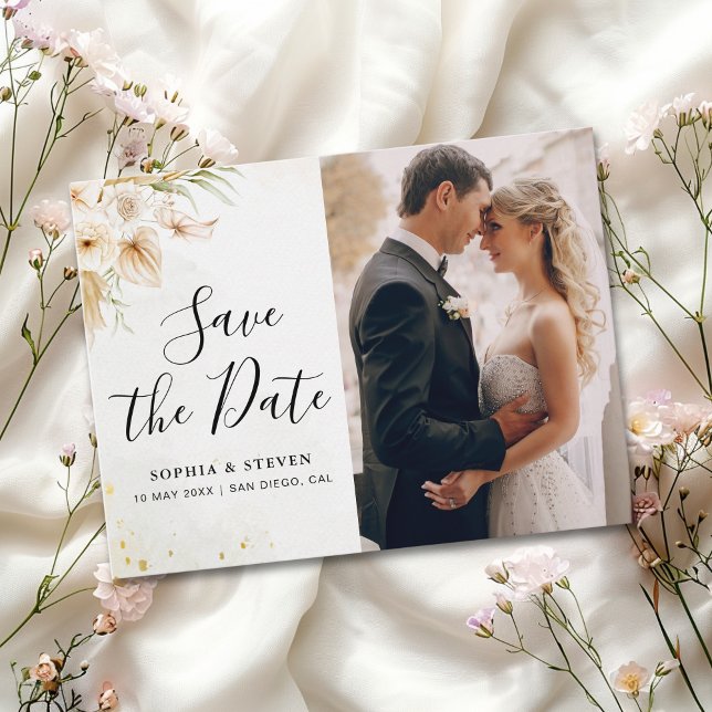 Cartão Postal Rustic Boho Wedding with Neutral and Golden Floral (Criador carregado)