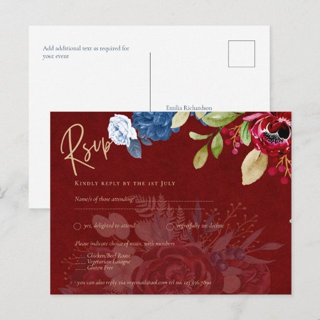 Cartão Postal Rustic Burgundy Blue Floral Casamento RSVP (Frente/Verso)