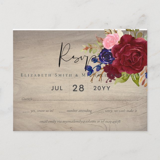 Cartão Postal Rustic Burgundy Blue Floral Casamento RSVP (Frente)