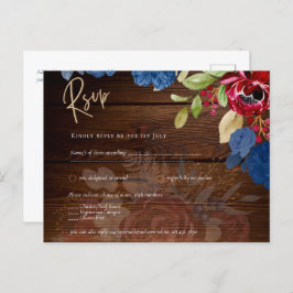 Cartão Postal Rustic Burgundy Blue Floral Casamento RSVP