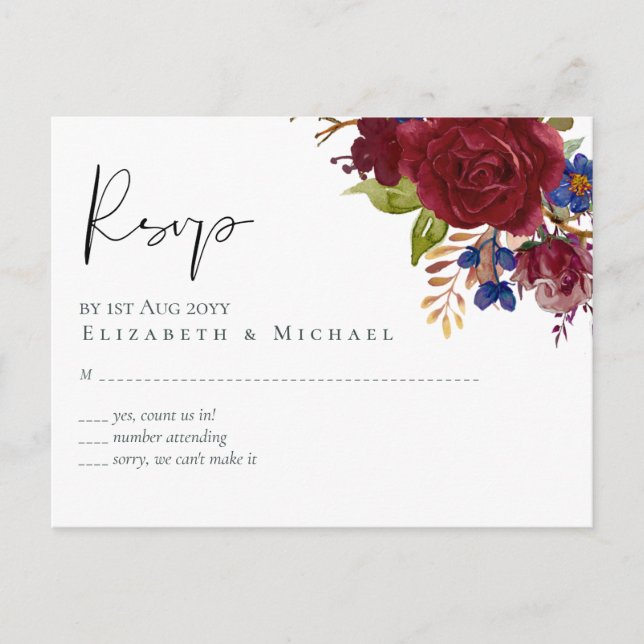 Cartão Postal Rustic Burgundy Blue Floral Casamento RSVP (Frente)