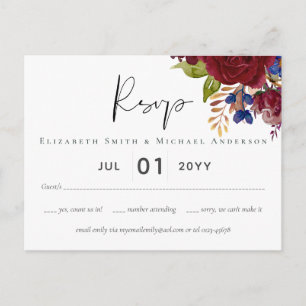 Cartão Postal Rustic Burgundy Blue Floral Casamento RSVP