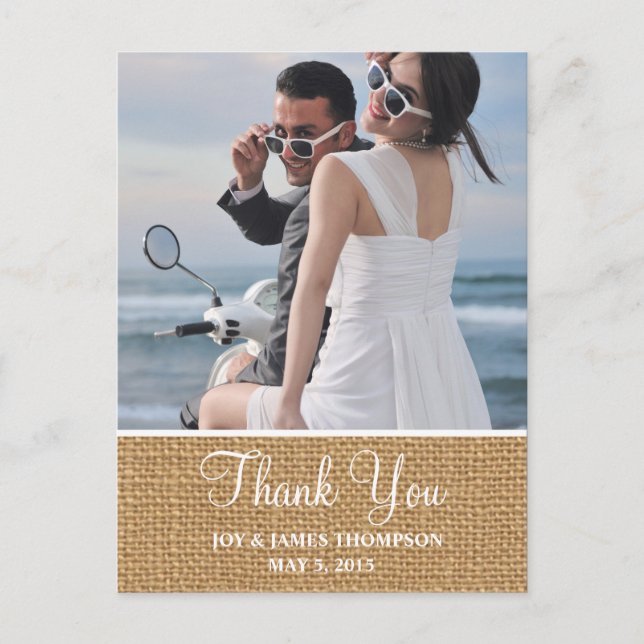 Cartão Postal Rustic Burlap Obrigado Postcards De Casamento (Frente)
