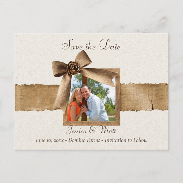 Cartão Postal Rustic Burlap Photo Save the Date Postcard (Frente)