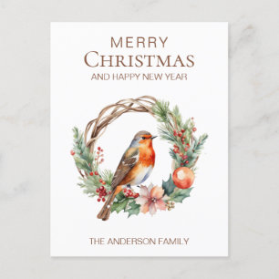 Cartão Postal Rustic Christmas Robin Country Botanical Wreath
