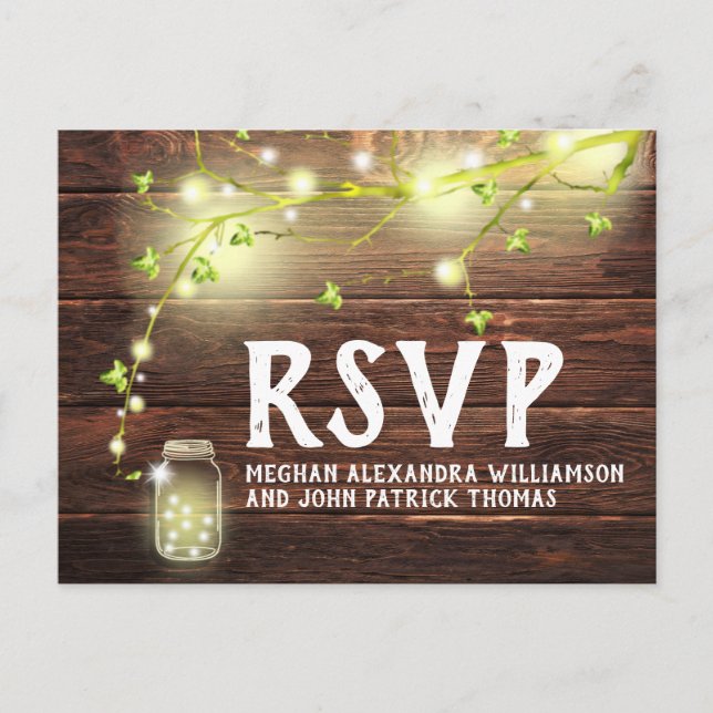 Cartão Postal Rustic Country Wood Mason Jar String Lights RSVP (Frente)