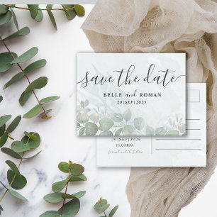 Cartão Postal Rustic Eucalyptus Sage Green Salve a data