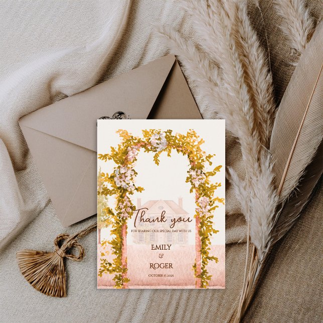 Cartão Postal Rustic Garden Arch Countryside Wedding Thank You (Rustic Garden Arch Wedding Thank You Card Elegant Watercolor Floral Countryside Wedding Thank You)