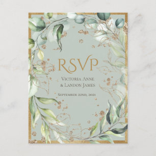 Cartão Postal Rustic Greenery Dourada Glitter Wedding RSVP
