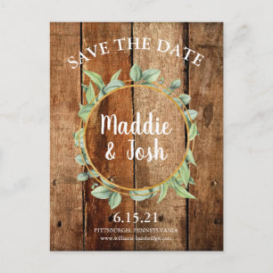 Cartão Postal Rustic Greenery Wreath & Dourado Salve a Data