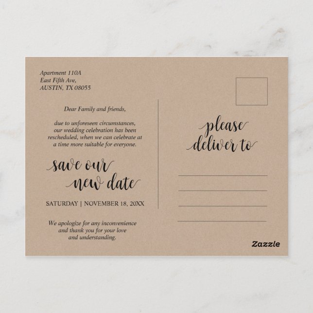 Cartão Postal Rustic Kraft, amor é paciente, casamento adiado (Verso)