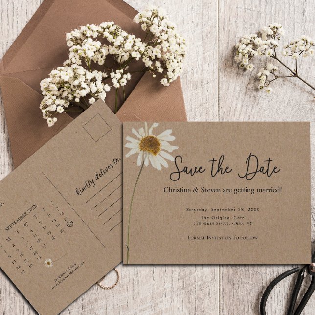 Cartão Postal Rustic Kraft Data de Casamento com Girassol Seco S (Criador carregado)
