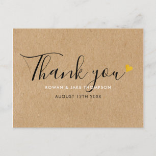 Cartão Postal Rustic Kraft Elegant Script Dourado Heart Obrigado