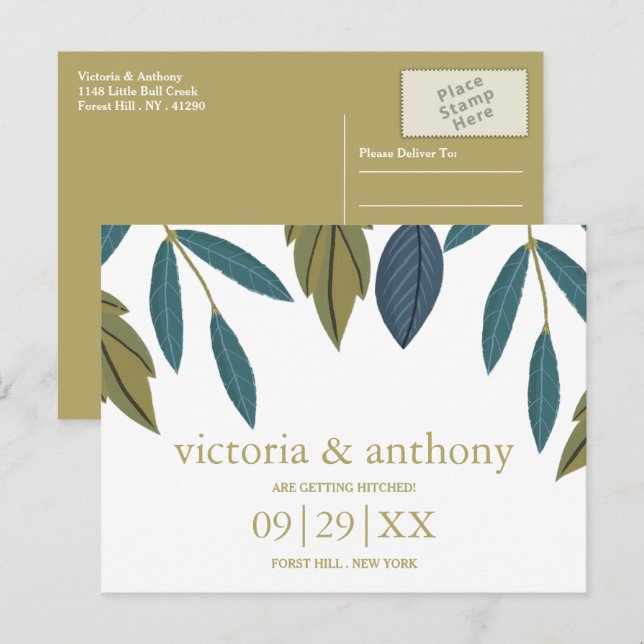 Cartão Postal Rustic Leaf Floral Weding A Data (Frente/Verso)