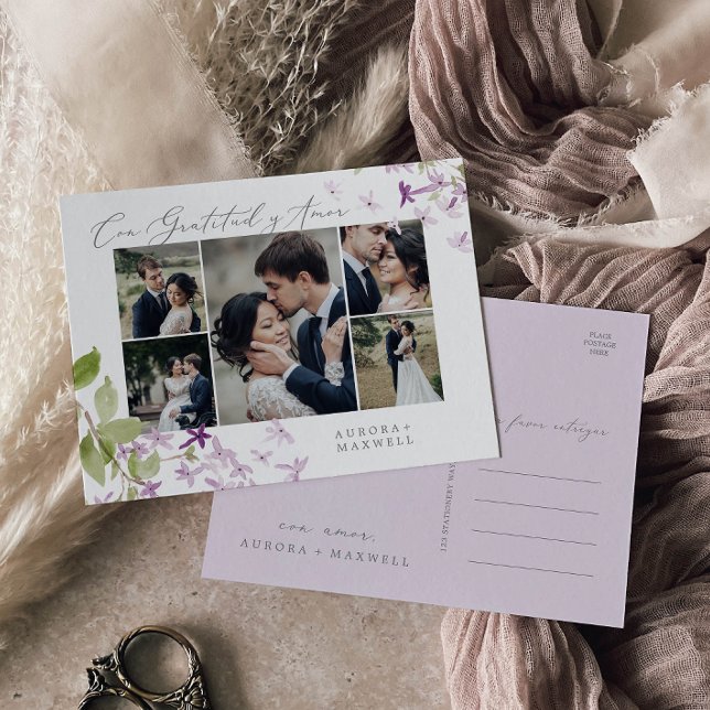 Cartão Postal Rustic Lilac Multi Photo Wedding Gratitud y Amor (Criador carregado)