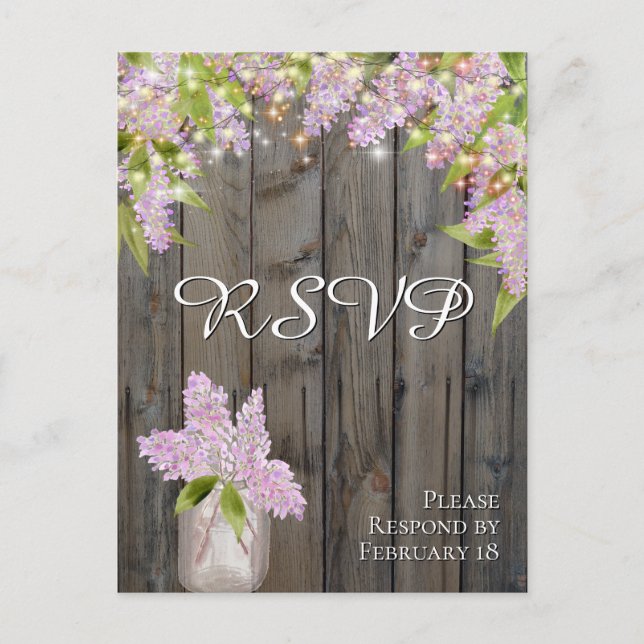 Cartão Postal Rustic Lilacs with Barn Wood & Lights Wedding RSVP (Frente)